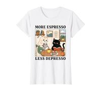 More Espresso Less Depresso Design de Lecture de café Amusant pour Chat T-Shirt Graphique avec Valeur, Femme, Blanc, XL