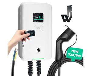 Morec Borne de Recharge pour véhicule électrique 7KW Type 2 Chargeur Mural EV pour Tous Les véhicules électriques et Hybrides Rechargeables, câble de 6m avec contrôle par Cinq Cartes RFID