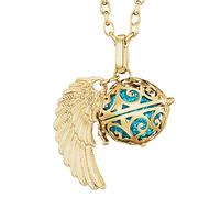 Morella femme Collier ange gardien en acier inoxydable or 70 cm avec ailes d'ange et boule sonore en zircons turquois 16 mm dans une pochette en velours
