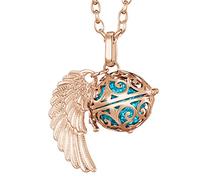 Morella Femme Collier Ange Gardien en Acier Inoxydable Or Rose 70 cm avec Ailes d'ange et Boule sonore en zircons Turquois 16 mm dans Une Pochette en Velours
