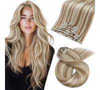 Moresoo 50 cm Extension a Clip Cheveux Naturel Blond Méché 120g Extension à Clip Cheveux Invisible Humain Soyeux et Droit Remy Humain Légèreté#P9A/60 7 Pièces
