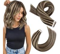Moresoo Extension Cheveux Naturel Adhesif Marron Foncé et Blond Caramel Invisible Extension Adhesive Cheveux Humain Blond Meche 30 cm 20 Pièces 30g #P4/27