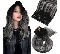 Moresoo Extension Cheveux Naturel Clip 5 Pièces Ombre Noir Naturel avec Argenté Extension Clip Cheveux Humain Balayage #1B/Silver/1B 35 cm80g