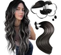 Moresoo Extension Cheveux Naturel Keratine Ombre Noir Naturel à Argenté avec Noir Naturel Remy Extension Keratine a Chaud Balayage 50 Mèches 35 cm 40g #1B/Silver/1B