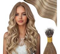 Moresoo Nano Ring Extensions Balayage Brun Clair à Blond Moyen avec Brun Clair Invisible Extension Cheveux Naturel a froid Ombre #8/22/8 40 cm 50g 50 Mèche