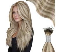 Moresoo Nano Ring Extensions Invisible Remy Extension Nano Ring Cheveux Naturel Brun Clair et Blond Platine #P9A/60 45 cm 50g 50 Mèches