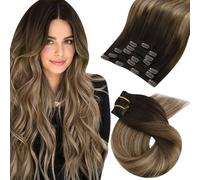 Moresoo Rajout Cheveux Clip Naturel Mélange de Brun Foncé Ombré et de Blond 55cm long Extensions Cheveux Naturels à Clips Sans Couture Invisible 7 pièces 105g #4/10/16