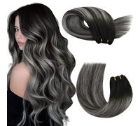 Moresoo Tissage Naturel Cheveux Humain Balayage Noir avec Argenté 55 cm | #1B/Silver/1B 100g Double trame, Niveau professionnel, Mouvement souple, Volume plus fourni, Coiffures longues, Pose en salon
