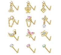 Morfetto 12 Pcs 20G Anneaux de Nez Pendants Goujons pour Femmes Anneaux de Nez à Vis en Forme de L en Acier Chirurgical pour Femmes Coeur Lune Étoile Fleur Papillon CZ Bijoux de Piercing LG
