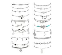 Morfetto 20 Pièces Bracelets de Cheville pour Femmes Ensemble de Cheville de Plage Réglable Bracelet de Cheville de Surfeur Coeur Étoile Tortue Bracelets de Cheville Infinis Bijoux de Pied Argent Doré