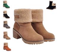 MoriAction Dotmalls Bottes d'hiver à talons épais pour femme, bottes de neige à enfiler en daim à talon épais, bout rond, confortables à enfiler, talon mi-épais (Kaki,36)