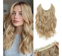 Morichy Halos Extensions de cheveux synthétiques courts et bouclés à clipser avec fil transparent - Taille réglable - 4 clips sécurisés - Blond décoloré - 35,6 cm