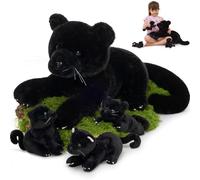 MorisMos de 4 en 1 Le Panthère Noire en Peluche avec Bébés à l'intérieur du Ventre, 1 Le Panthère Noire Enceinte avec 3 Adorables Petits en Peluche Moelleux, Cadeaux Surprise d'anniversaire
