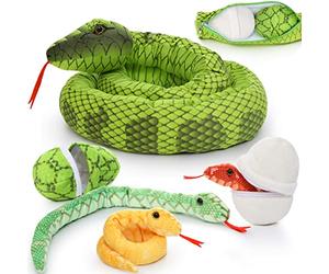 MorisMos Halloween Peluche Serpent Géant, 200cm Mom Serpent Doux avec 3 Kawaii Bébé, Vert Serpent Animaux en Peluche Jouet Grande Cadeau pour Enfants Petite Amie NoëL Anniversaire
