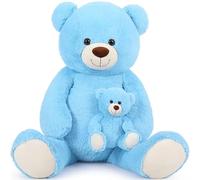 MorisMos XXL 130cm Ours en Peluche Geant, Bleu Nounours Géante Mom avec Petit Bébé, Mignonne Douce Grosse Peluche, Grand Teddy Bear Cadeau pour Enfants Anniversaire Noël Deco