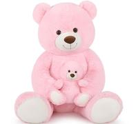 MorisMos XXL 130cm Ours en Peluche Geant, Rose Nounours Géante Mom avec Petit Bébé, Mignonne Douce Grosse Peluche, Grand Teddy Bear Cadeau pour Enfants Anniversaire Noël Deco