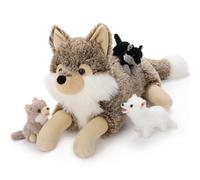 MorisMos XXL Peluche Loup Géant, 50cm Brun Mom avec 3 Kawaii Bébé, Réaliste Animaux en Peluche Grande Teddy Cadeau pour Enfants Noël Anniversaire