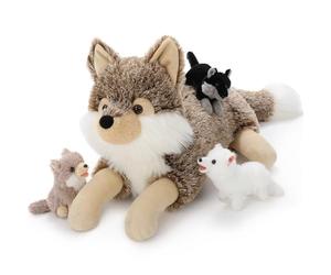 MorisMos XXL Peluche Loup Géant, 50cm Brun Mom avec 3 Kawaii Bébé, Réaliste Animaux en Peluche Grande Teddy Cadeau pour Enfants Noël Anniversaire