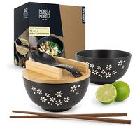Moritz & Moritz 2x bol à ramen en céramique - 600 ml - 15 cm Ø - Ensemble de bol à ramen noir pour 2 personnes - Pour soupe, pho et bol à sushi - Baguettes et cuillère incluses