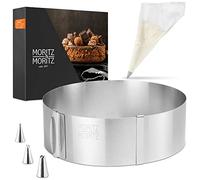 Moritz & Moritz Cadre à pâtisserie rond en acier inoxydable - reglable en continu Ø 16cm à 30cm - Cercle à tarte réglable pour la pâtisserie et la décoration - Avec 10 poches à douille et 3 embouts