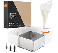 Moritz & Moritz Cadre à pâtisserie Rond en Acier Inoxydable - reglable en continu Ø 5cm à 10cm - Cercle à Tarte réglable pour la pâtisserie et la décoration - avec 10 Poches à Douille et 3 Embouts