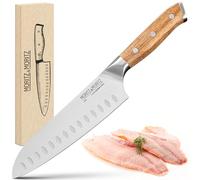 Moritz & Moritz Couteau Santoku 18 cm - Couteau de chef professionnel de style japonaisavec lame extra-tranchante - Couteau de chef pour viande, sushi, etc. - Manche ergonomique en bois d'acacia