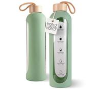Moritz & Moritz Bouteille en verre de 1 l vert - Anti-fuite - Bouteille en verre pour le sport, l'école, l'université ou le travail - Avec coque en silicone de protection - Inclut une échelle de