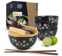 Moritz & Moritz Lot de 4 bols à ramen en céramique - 600 ml - Diamètre : 15 cm - Noir - Pour 4 personnes - Pour soupe, Pho et Sushi Bowl - Avec baguettes, couvercle et cuillère