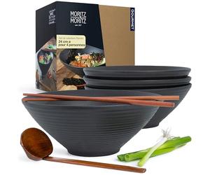Moritz & Moritz Lot de 4 grands bols à ramen en céramique japonaise - Bols à nouilles 1300ml / 44 oz - Ø 24cm - Noir mat - avec baguettes et cuillères en bois - Bols à soupe asiatiques pour ramen, pho