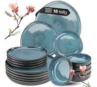 Moritz & Moritz ORGANIC Service de vaisselle 18 pièces 6 personnes Bleu - Élégant set de vaisselle en grès de haute qualité - Service de vaisselle 6 personnes avec 6 assiettes à dîner, 6 assiettes à