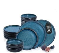 Moritz & Moritz Service de table en grès pour 4 personnes, 12 pièces - Bleu, ensemble de bols et d'assiettes en grès robuste - Service de table pour 4 personnes - Série Solid