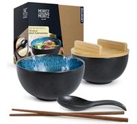 Moritz & Moritz SOLID Lot de 2 bols ramen en Céramique bleus réactifs avec couvercle et cuillère - Ensemble de bols ramen noirs pour 2 personnes - Pour soupe, pho et sushi
