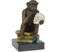 Moritz Sculpture de singe philosophique avec crâne sur une pile de livres, aspect bronze sur socle en marbre - Figure artistique symbolique de la réflexion, 14 cm