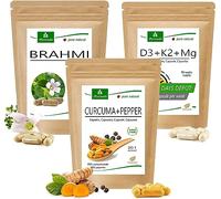 MoriVeda® Ensemble de produits « Brain Power » | Capsules Brahmi, Capsules Curcum Poivre, Capsules Vitamine D3+K2+Mg | bacosides, antioxydants, vitamines