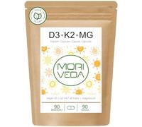 MoriVeda Vitamine D3 + K2 MK7 végétalienne avec 7000 UI de D3 et 200 µg de K2, 90 gélules, dépôt hebdomadaire hautement dosé avec magnésium, fabriqué en Allemagne, formule végétale