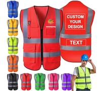 Morlavid Gilet de Sécurité Haute Visibilité Personnalisé avec Poches Chasuble Personnalisable avec Logo para Hombre pour le Travail de Construction,Rouge