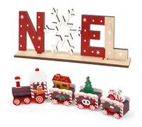 MorLuks 2PCS Décoration Noël, Petits Train de Noel en Bois avec Forme Arbre de Noël, Ornements Lettres en Bois avec Flocon de Neige, Créatif Cadeau Déco pour Table Noel Fête Nouvel an Maison Jardin