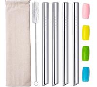 morneve Pailles de Boba en Inox réutilisables fer métalliques Embouts coudés Smoothies perle de tapioca Thé au lait Milkshake Paille thé à bulles 12mm avec sac Embout en silicone brosse Argent 4pcs