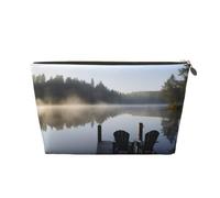 Morning at The Lake Trousse de toilette de voyage en cuir PVC avec fermetures éclair dorées, organiseur étanche pour maquillage, articles de toilette et essentiels, doré, Taille unique, Trousse de