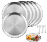 Mornly 6 piatti in acciaio inossidabile da 20 cm + 6 forchette da barbecue - Stoviglie da campeggio premium e piatti in acciaio inossidabile per la cucina, le feste in giardino e l'uso all'aperto