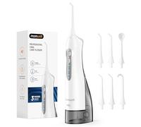 Mornwell Hydropulseur Jet Dentaire Portable et Irrigateurs Oral 3 modes, 4 Embouts Remplaçables, Rechargeable et Étanche IPX7, Réservoir 300ML (Blanc B)