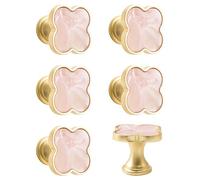MOROBOR 6 PCS Poignée de trèfle à quatre feuilles, tiroir d’armoire créatif tire des boutons multifonctionnels en alliage de zinc à trou unique/base dorée avec surface rose