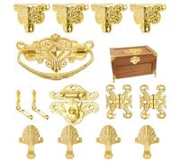MOROBOR Boîte à bijoux dorée antique avec loquet de verrouillage, charnières, poignées de protection, kit de protections d'angle pour boîtes à bijoux, coffres en bois, coffres de rangement, ensemble