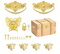MOROBOR Charnières décoratives et loquet papillon - Cadenas en forme d'ours doré - Boîte à bijoux gravée - Protections d'angle et poignée de traction - Kit de bricolage antique en bois avec clous