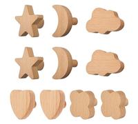 MOROBOR Lot de 10 poignées en bois de hêtre naturel, formes de lune, nuage, étoile, cœur, trèfle à quatre feuilles, crochets en bois pour décoration de chambre d'enfant, boutons de placard, crochets