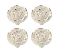 MOROBOR Lot de 4 boutons de placard en forme de rose antique en alliage de zinc - Blanc ivoire - Avec vis de montage (bord doré)