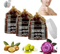 Morocco Black Beldi Savon, savon noir du Maroc Beldi, savon noir à l'argan et à la rose, savon exfoliant africain, barre de savon noir africain pour soins du corps (3 pièces)