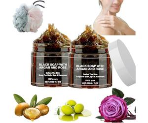 Morocco Black Beldi Savon, savon noir du Maroc Beldi, savon noir à l'argan et à la rose, savon exfoliant africain, barre de savon noir africain pour soins du corps (2 pièces)