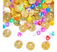 Morocket Lot de 200 pièces d'or pour enfants et 100 pierres précieuses, pièces d'or pirates, pièces d'or pour décoration d'anniversaire d'enfant, chasse au trésor, anniversaire d'enfant, gemmes