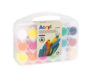 Morocolor PRIMO, jeu de couleurs acryliques en pots 18 peintures acryliques à peindre (12 normales, 4 fluorescentes, or, argent) 25ml + 2 cartes en toile couleurs acryliques permanentes Made in Italy